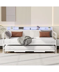 gaomon Daybed with Trundle and Led Light, Sturdy Metal Twin Size Bed Frame with Linen Upholstered Headboard and Charging Station, for Living Room