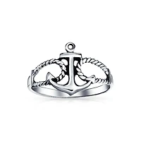 Bling Jewelry Nautical Sailor Boat Rope Anchor Ring Band Oxidized 925 Sterling Silver