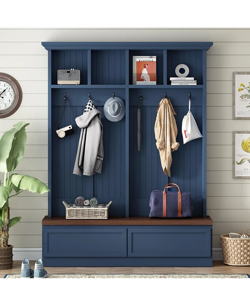 Clihome Farmhouse 4-in-1 Hall Tree with Wood Grain Bench with 2 Large Drawer for Hallway