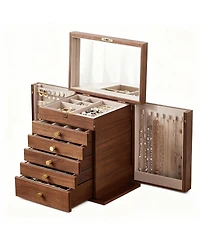 Yigii Luxury Walnut Jewelry Organizer with Mirror and Lock