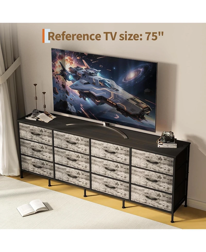 gaomon 70" Bedroom Dresser with 12 Fabric Drawers, Extra-Wide Storage Chest & Tv Stand for 65–80" TVs with Built-In Charging Station