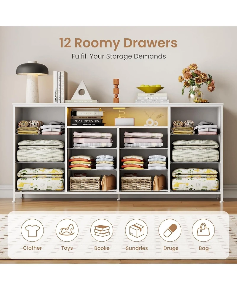 gaomon 63" Dresser Tv Stand for 65–75 Inch TVs, Fabric Chest of Drawers with Charging Station, Led Lights, Open Shelves & 12 Drawers