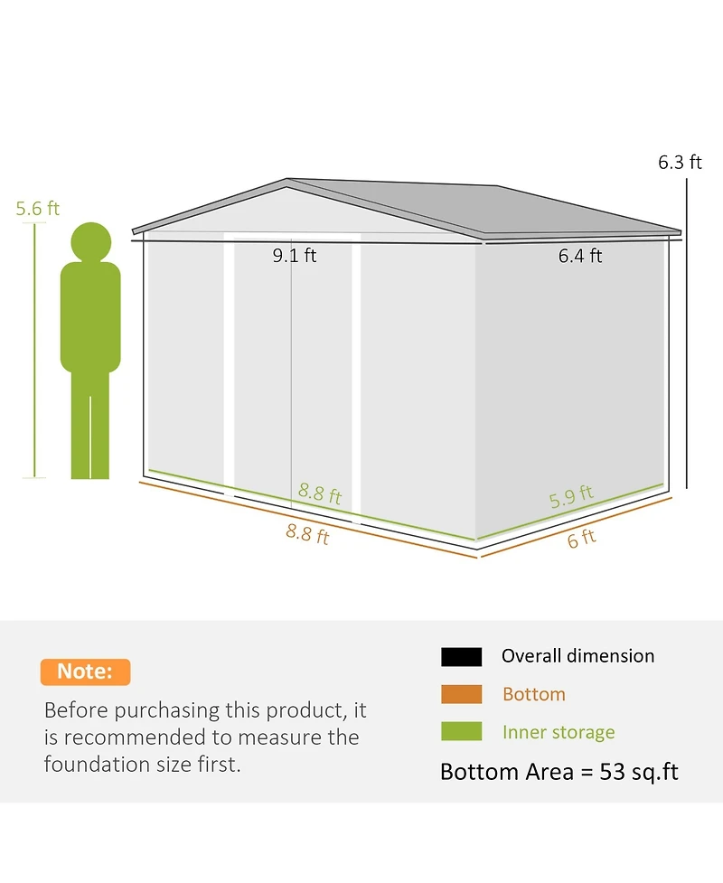 Outsunny 9' x 6' Storage Shed Garden Tool House w/ Vents Doors Dark