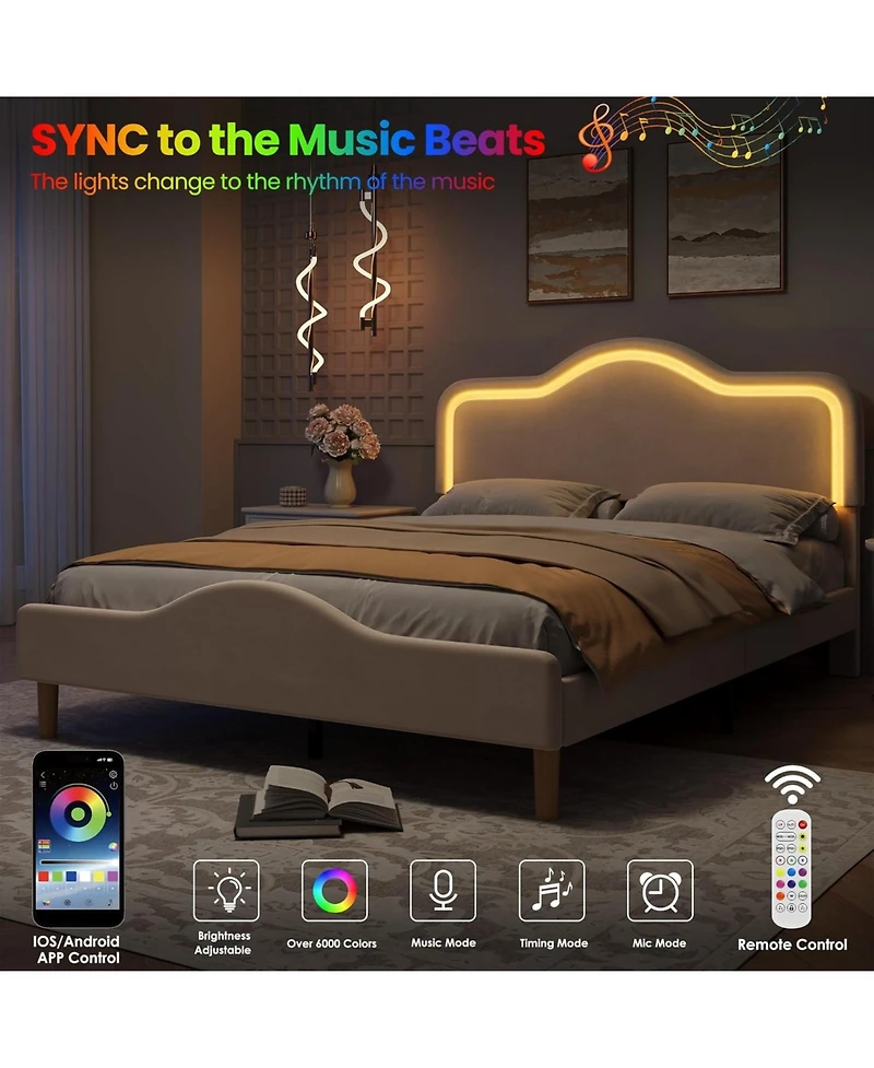 gaomon Full Size Upholstered Bed Frame with Adjustable Led Headboard, Velvet Platform Bed with Footboard and Wooden Slat Support