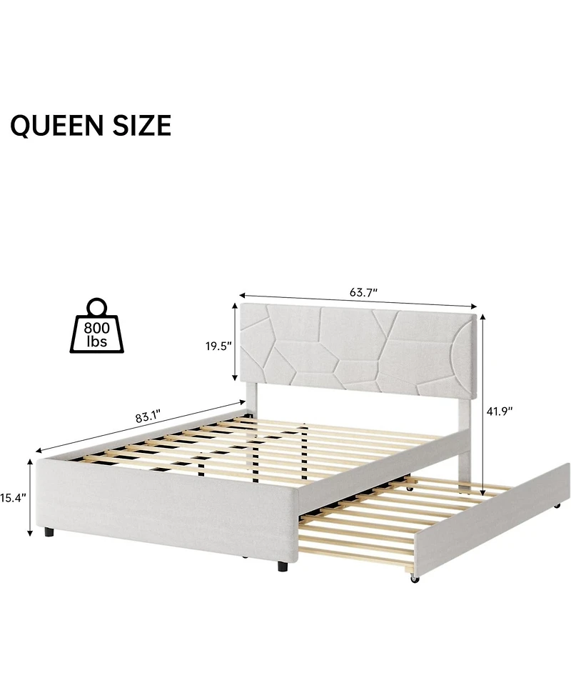gaomon Queen Trundle Bed Combo with Pull-Out Platform, Upholstered Frame with Headboard, Wood Slat Support, Space-Saving