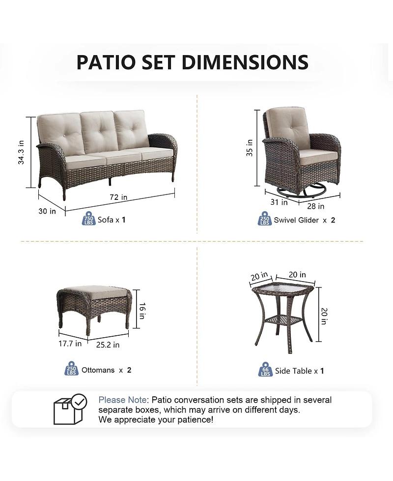 Gymojoy 6-Piece Brown Wicker Patio Conversation Set with Olefin Cushion and Swivel Chairs