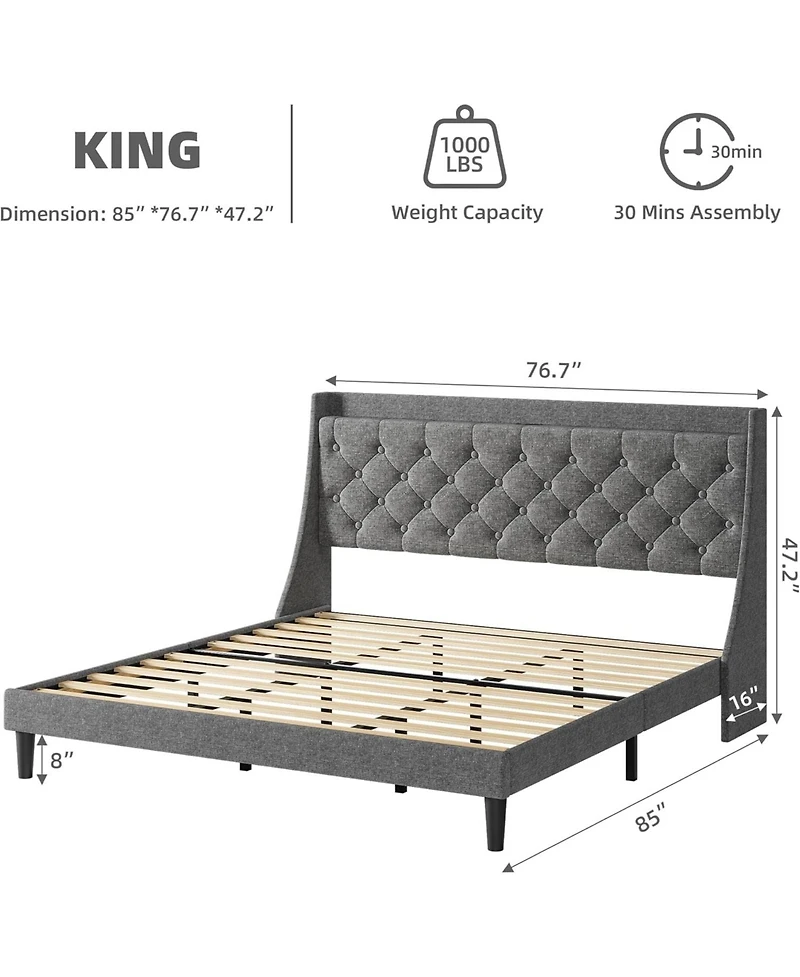 gaomon Frame with Charging Ports & Storage Shelf, Upholstered Platform Bed with Wingback Headboard, No Box Spring Needed, Easy Assembly