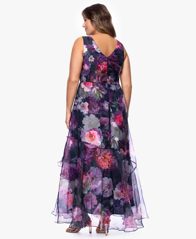 Betsy & Adam Plus V-Neck Printed Ball Gown Dress