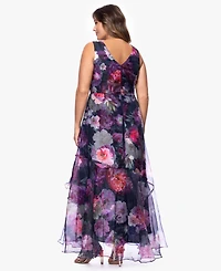 Betsy & Adam Plus V-Neck Printed Ball Gown Dress