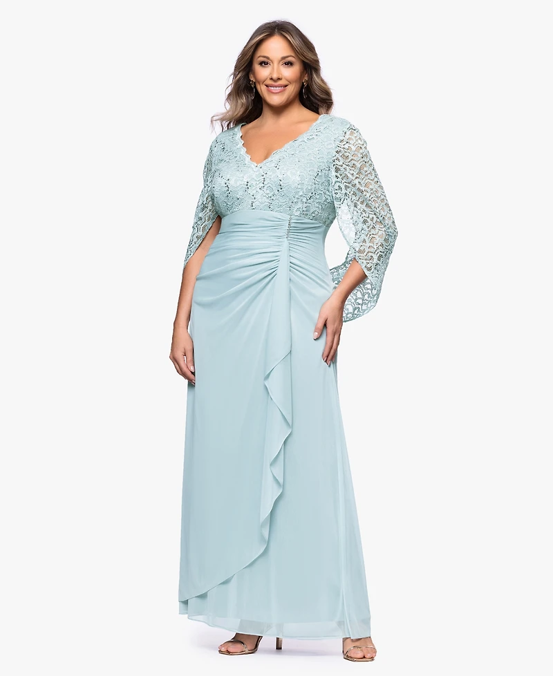 Betsy & Adam Plus Lace-Cape-Sleeve Embellished Gown