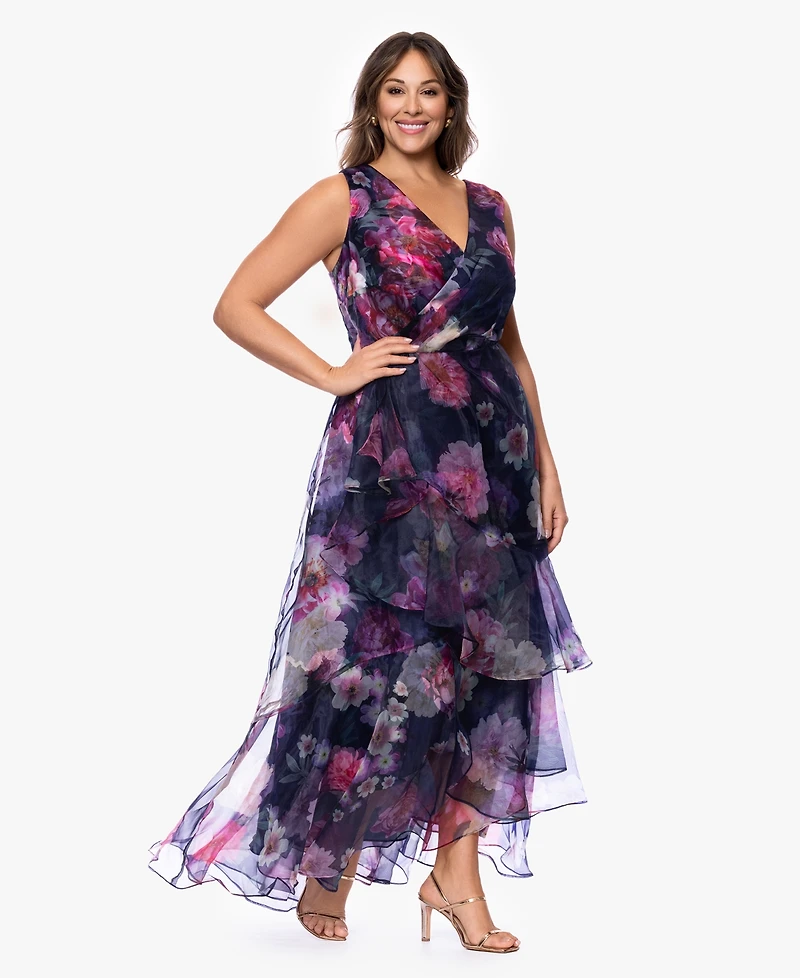 Betsy & Adam Plus V-Neck Printed Ball Gown Dress