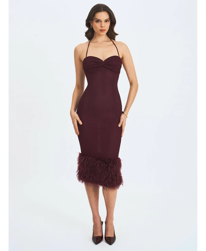 Miss Circle Women's Pluma Maroon Halter Faux-Fur Trimmed Midi Dress