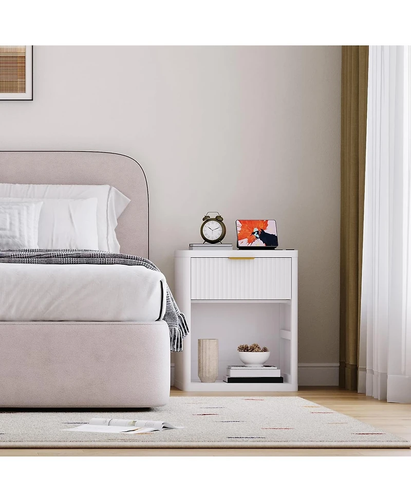 gaomon Fluted Nightstand with Charging Station, Bedside Table with Drawers and Open Storage Space, 2PCS