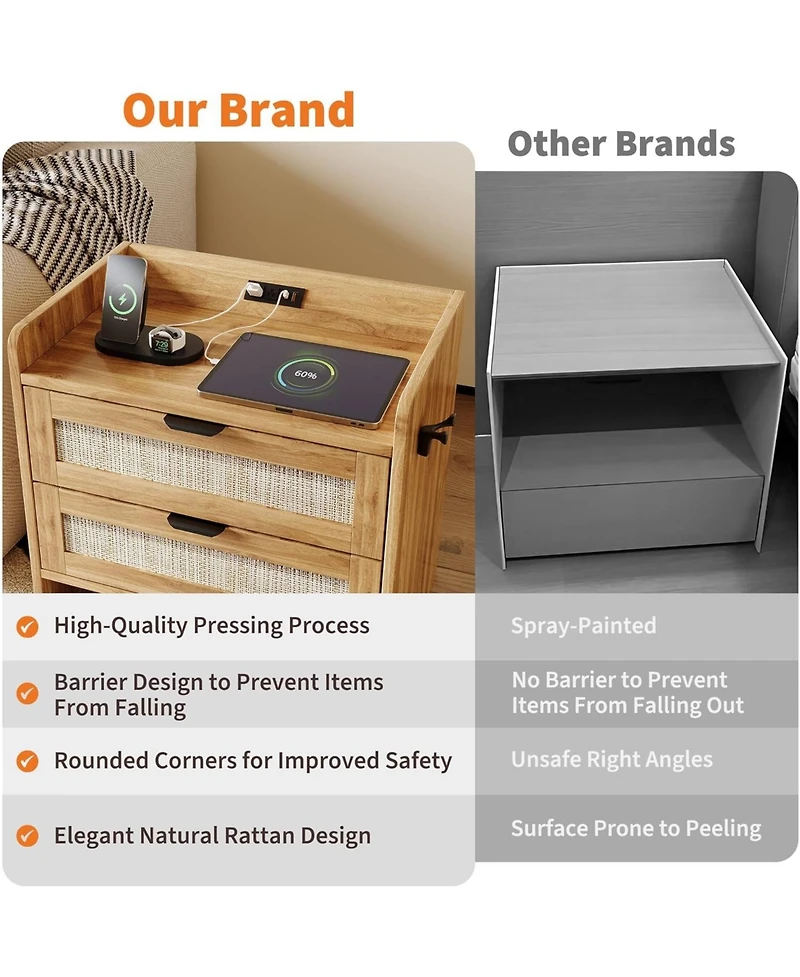 gaomon Rattan Bedside Table Nightstand, 2 Drawer, 1 Pcs Cabinet, Bedroom Organizer and Storage Cabinet