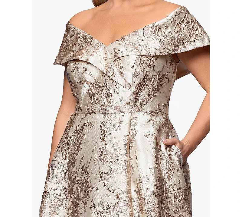 Xscape Plus Off-The-Shoulder Metallic Jacquard Ball Gown