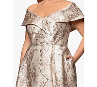 Xscape Plus Off-The-Shoulder Metallic Jacquard Ball Gown