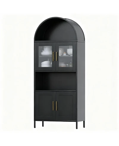 Yigii Metal Arched Kitchen Cabinet 4 Doors - Glass & Metal, Adjustable Shelves, Moisture-Proof