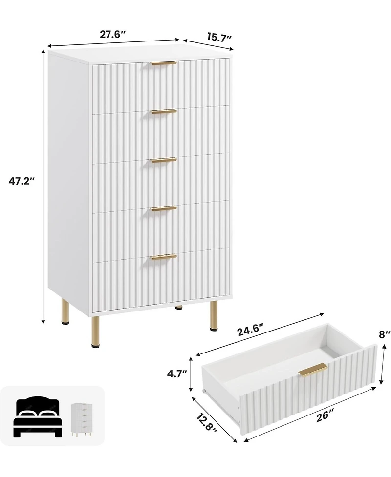 gaomon 5 Drawer Dresser for Bedroom, Fluted Tall Dresser with Large Drawers and Sturdy Gold Legs Support