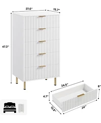 gaomon 5 Drawer Dresser for Bedroom, Fluted Tall Dresser with Large Drawers and Sturdy Gold Legs Support