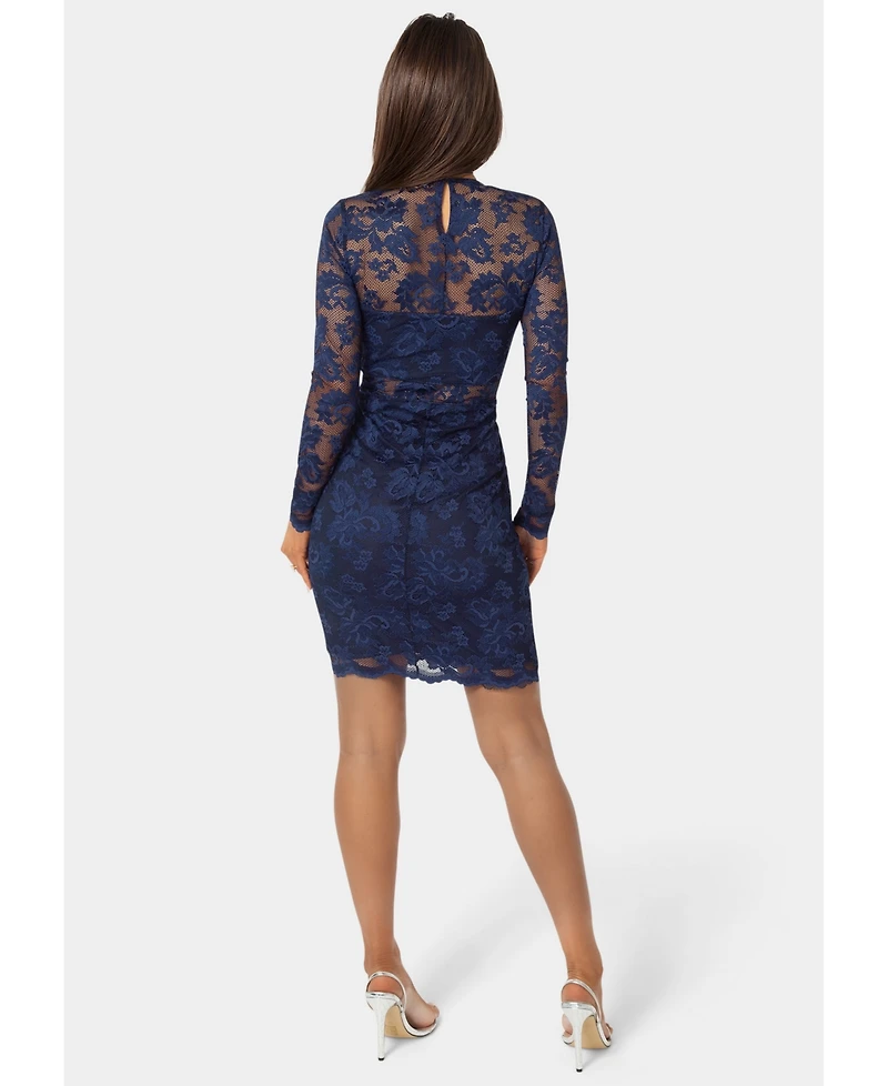 Bebe Women's Marseille Lace Long Sleeve Illusion Dress