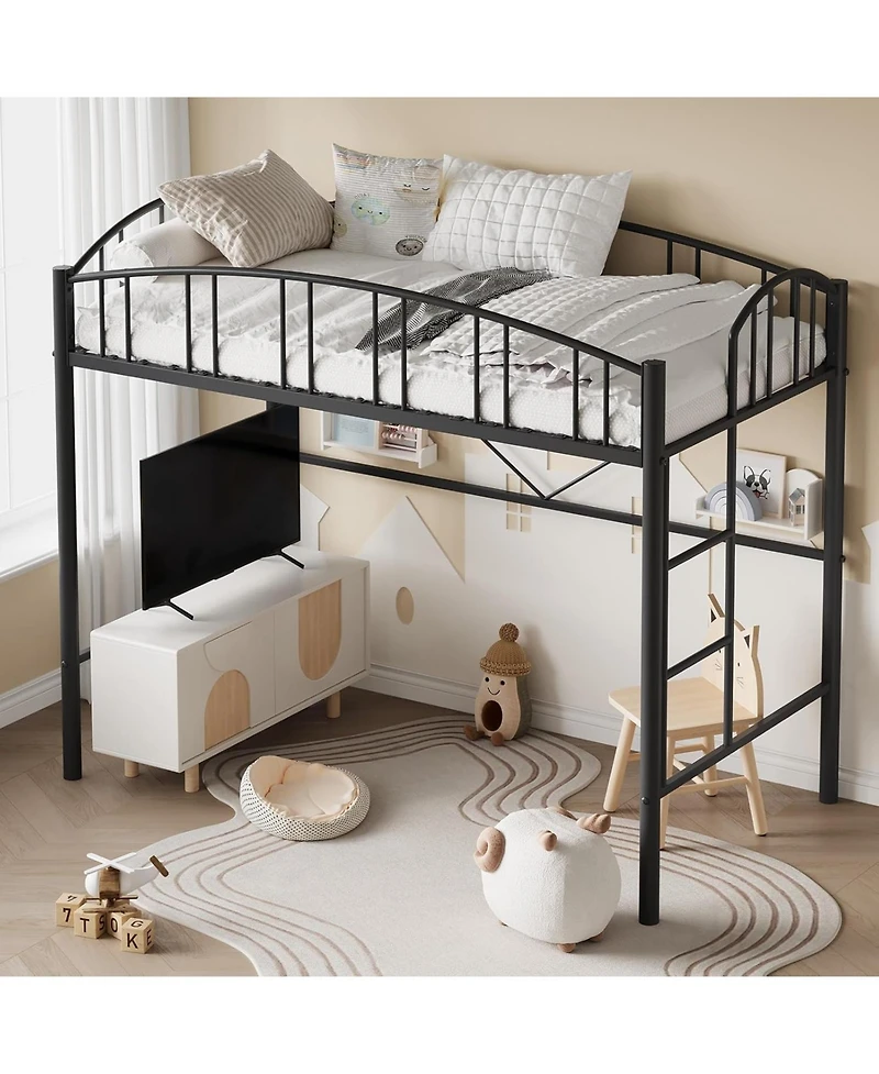 gaomon Twin Metal Loft Bed, Black, Steel Build, Curved Guardrails, Ladder, Space-Saving