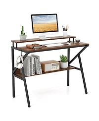 Mecale Small Space Computer Desk with Monitor Stand and Storage Shelf, Study Workstation