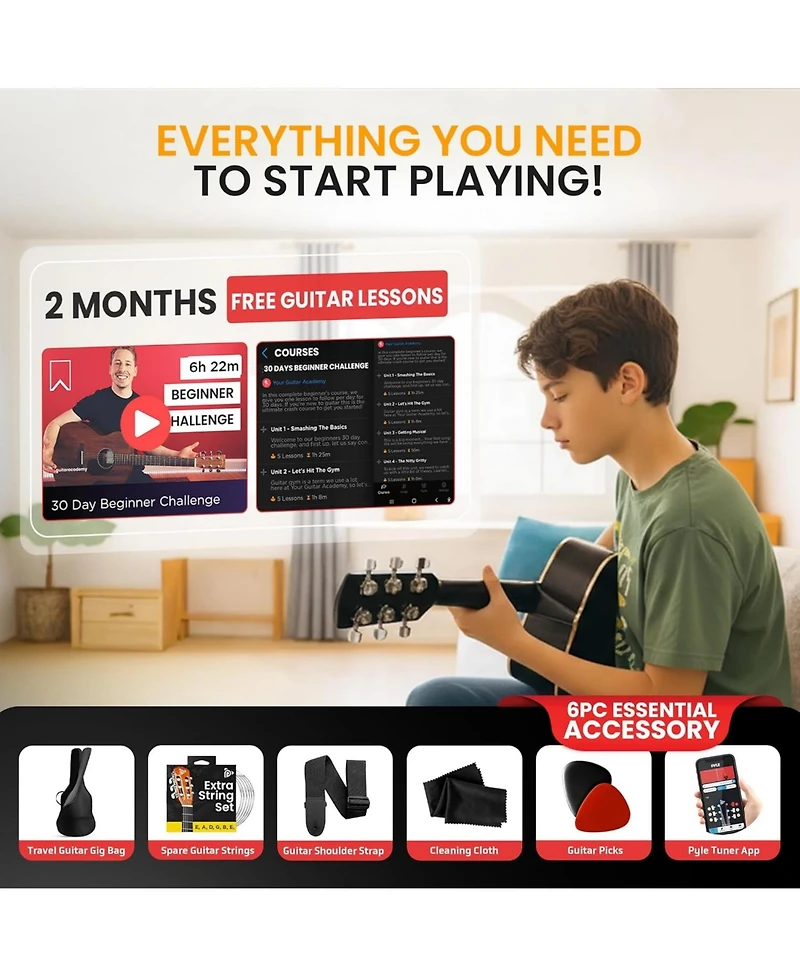 Pyle Beginner Acoustic Guitar Kit – 3/4 Junior Size 36” All-Wood Guitar with Full Accessories, Tuner App & Lessons