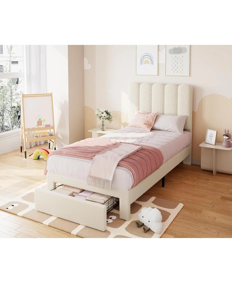 gaomon Bed Frame, Boucle Upholstered Platform with Wave Headboard Easy Assembly, Wooden Slats Support, No Box Spring Needed