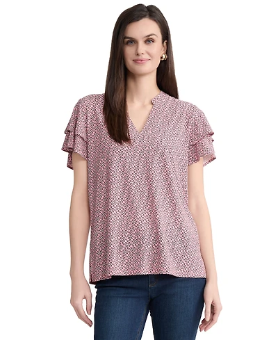 Jones New York Petite Knit Flutter Sleeve Band Collar Top