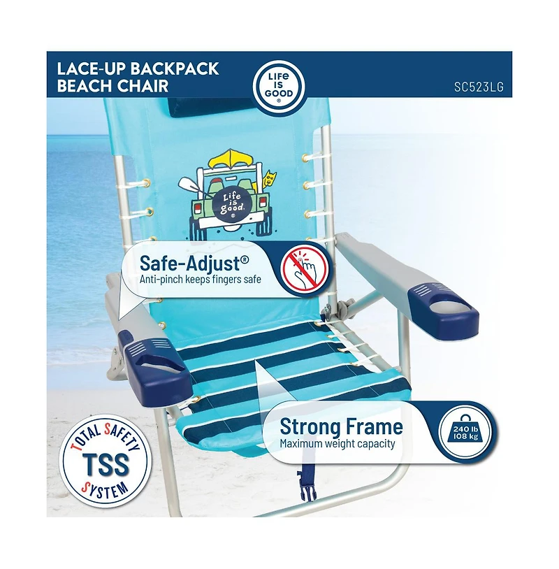 Life Is Good 4-Position Backpack Pillow And Cup Holder Beach Chair