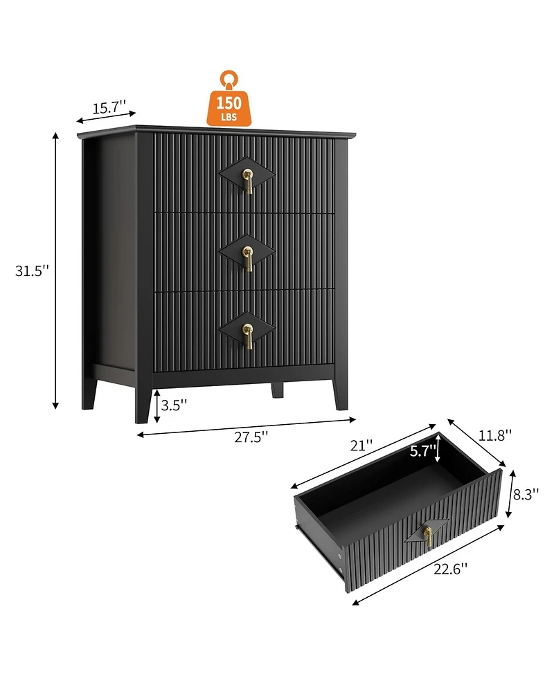 Draft - gaomon "28" wide modern 3 drawer dresser with metal handle—wood storage chest for bedroom or living room."