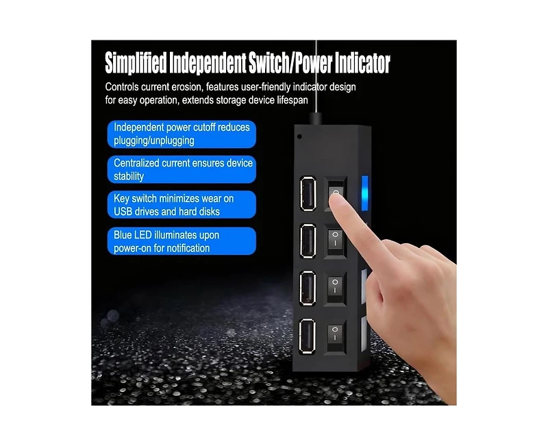 Risokeys 4-Port Usb 2.0 Hub with Independent Switches, Portable Usb Splitter for Desktop & Laptop, Ideal for Gamers, Office