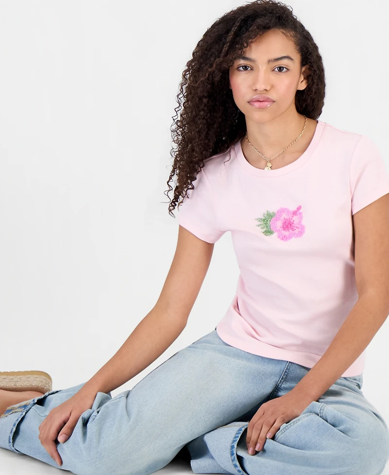 Madden Girl Juniors' Beaded Hibiscus Flower Short-Sleeve Tee