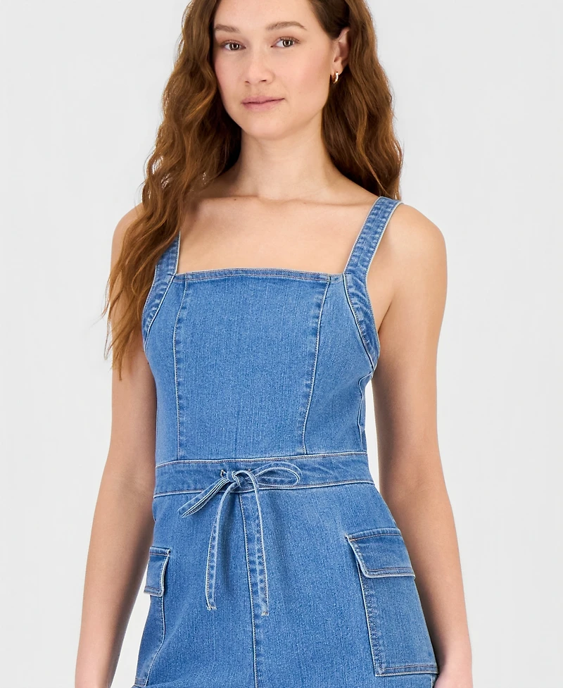 Tinseltown Juniors' Sleeveless Drawstring-Waist Denim Romper