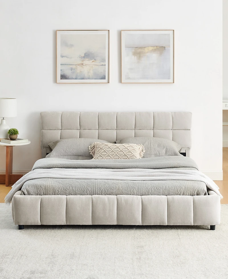 Dyhome Queen Bed Frame with Led Lights and 4 Storage Drawers, Upholstered Platform Led Bed Frame Queen Size with Charging Station Button Pu Leather He