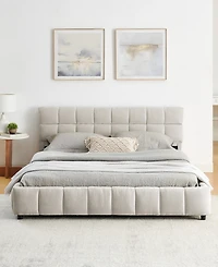 Dyhome Queen Bed Frame with Led Lights and 4 Storage Drawers, Upholstered Platform Led Bed Frame Queen Size with Charging Station Button Pu Leather He