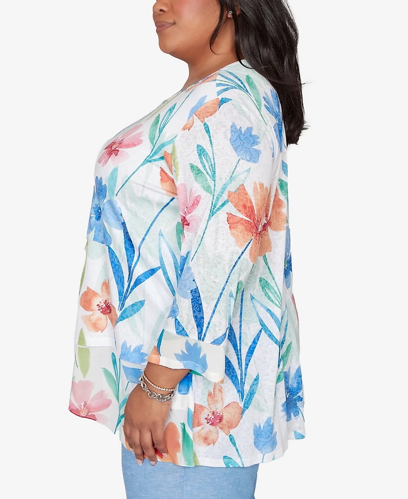 Alfred Dunner Plus Caribbean Blues Whimsical Flower Bell-Sleeve Top