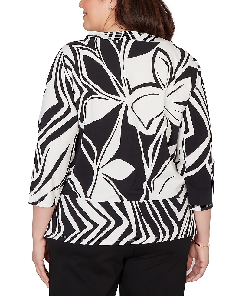 Alfred Dunner Plus Crowd Pleaser Dramatic Abstract Floral Split Neck Top