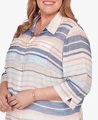 Alfred Dunner Plus Port Side Textured Stripe Button Front Top