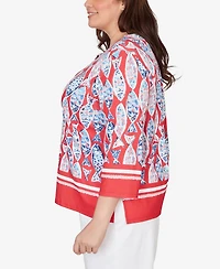 Alfred Dunner Plus Port Side Mosaic Fish Split Beaded Neck Top