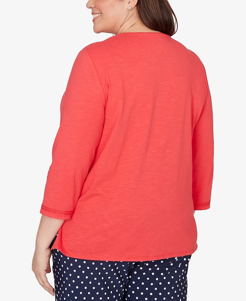 Alfred Dunner Plus Port Side Tonal Embroidered Split Neck Top