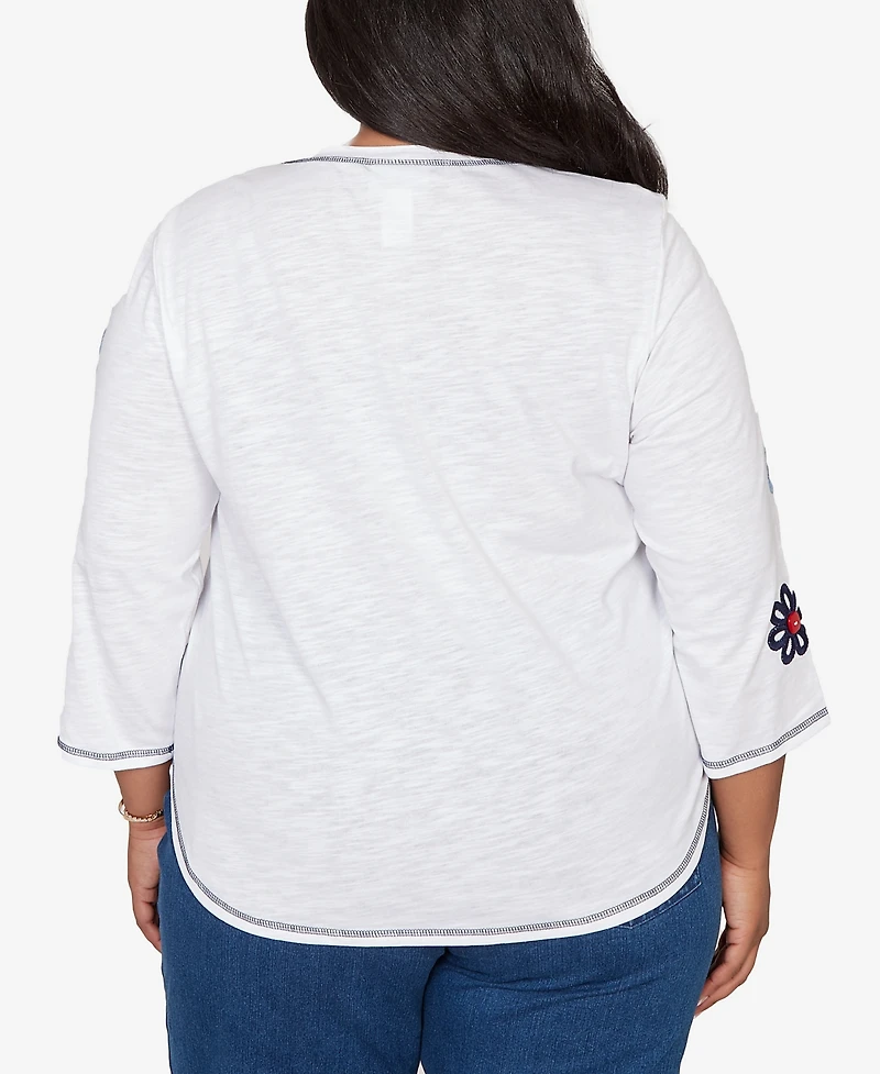 Alfred Dunner Plus Port Side Embellished Floral Button Top