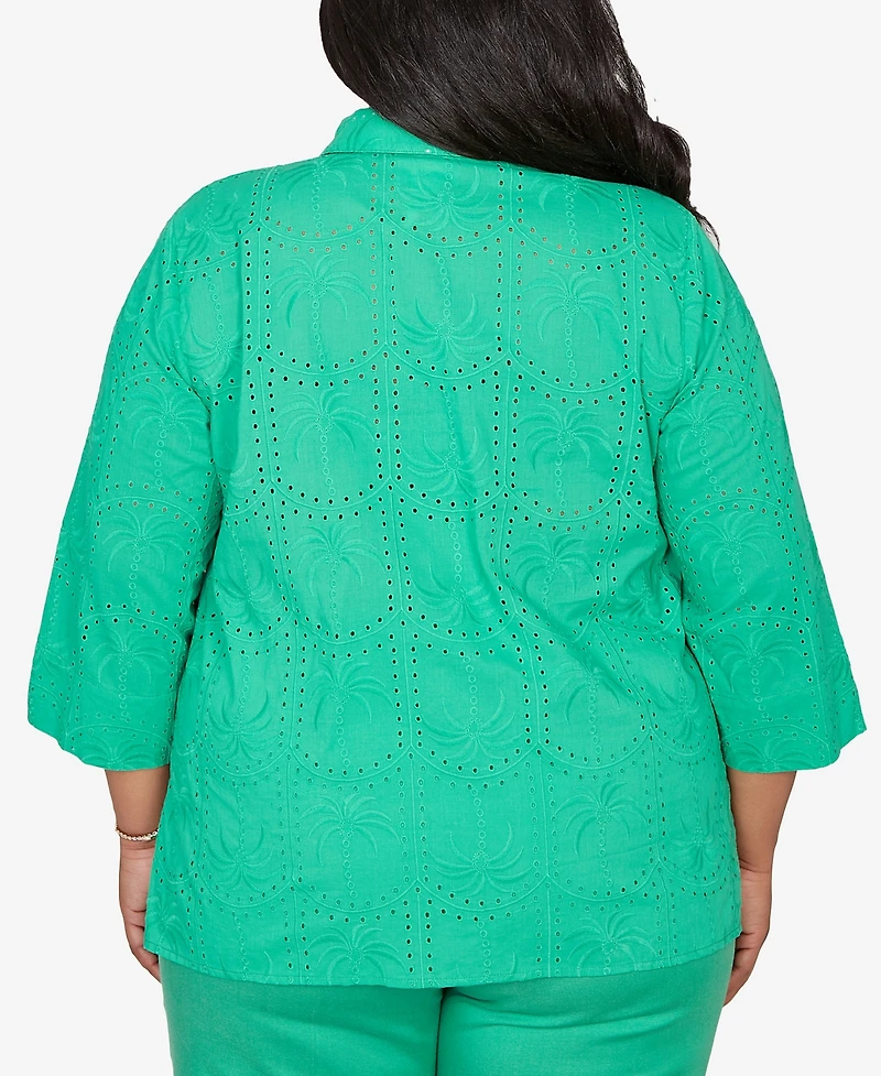 Alfred Dunner Plus Resort Living Eyelet Palm Tree Button Front Top