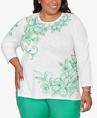 Alfred Dunner Plus Resort Living Tropical Flower Embroidered Top