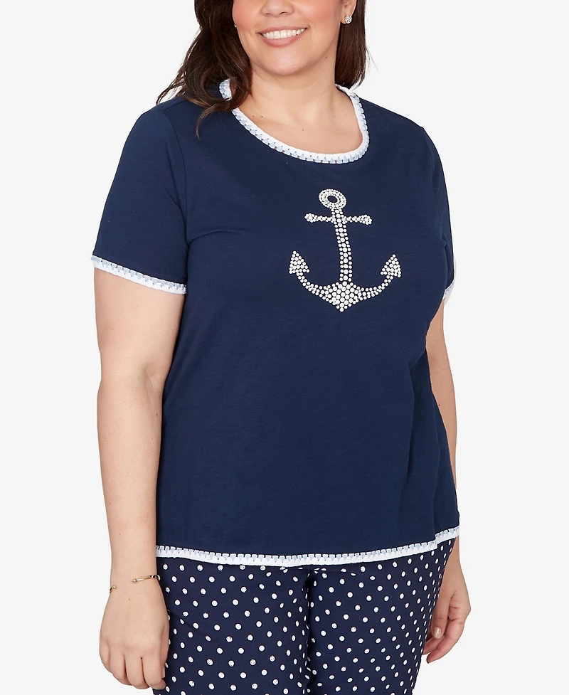 Alfred Dunner Plus Port Side Pearl Anchor Graphic T-Shirt