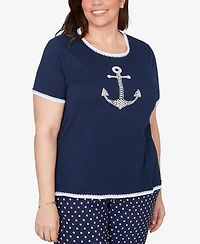 Alfred Dunner Plus Port Side Pearl Anchor Graphic T-Shirt