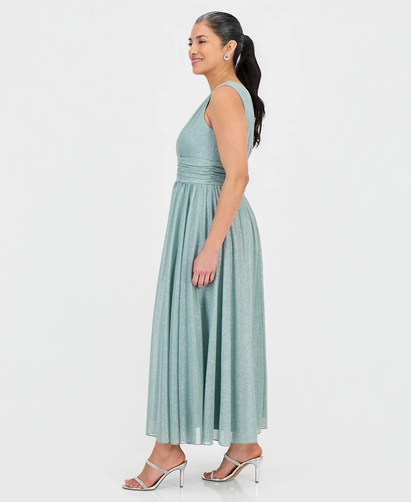 Connected Petite Surplice-Neck Sleeveless Shimmer Dress