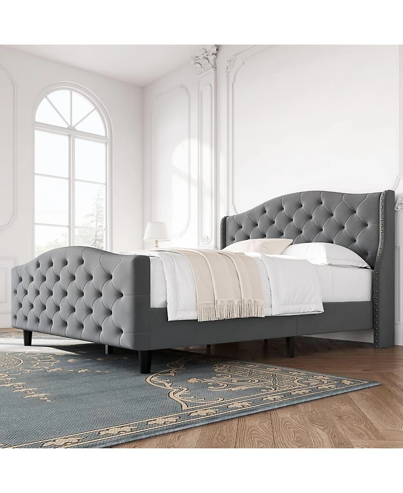gaomon Queen Size Bed Frame with Headboard and Footboard, Tufted Wingback Headboard, Velvet Upholstered Platform Bed