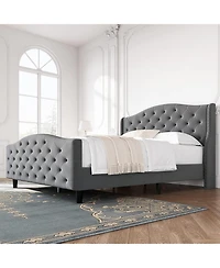 gaomon Queen Size Bed Frame with Headboard and Footboard, Tufted Wingback Headboard, Velvet Upholstered Platform Bed