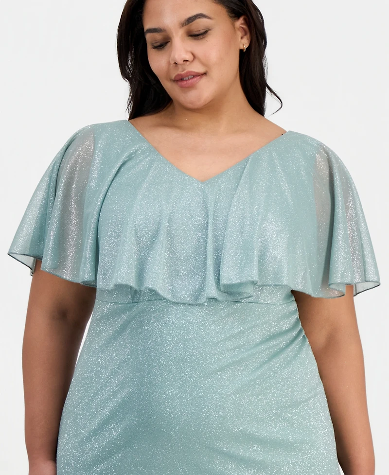 Connected Plus Cape-Overlay V-Neck Glitter Dress